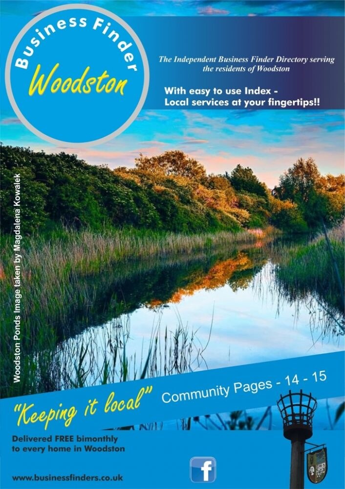 Business Finder Woodston - front cover, showing the BFW roundel over a Woodston Ponds sunset photograph