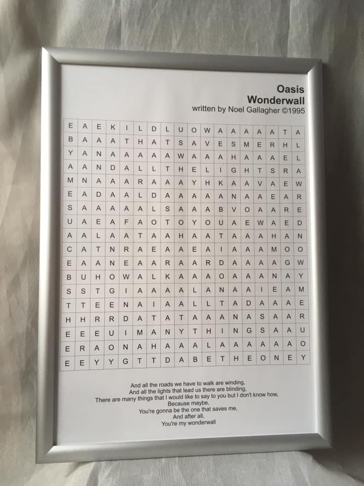 Ascot Graphics &ndash; framed A2 word search poster of an Oasis Wonderwall lyric verse